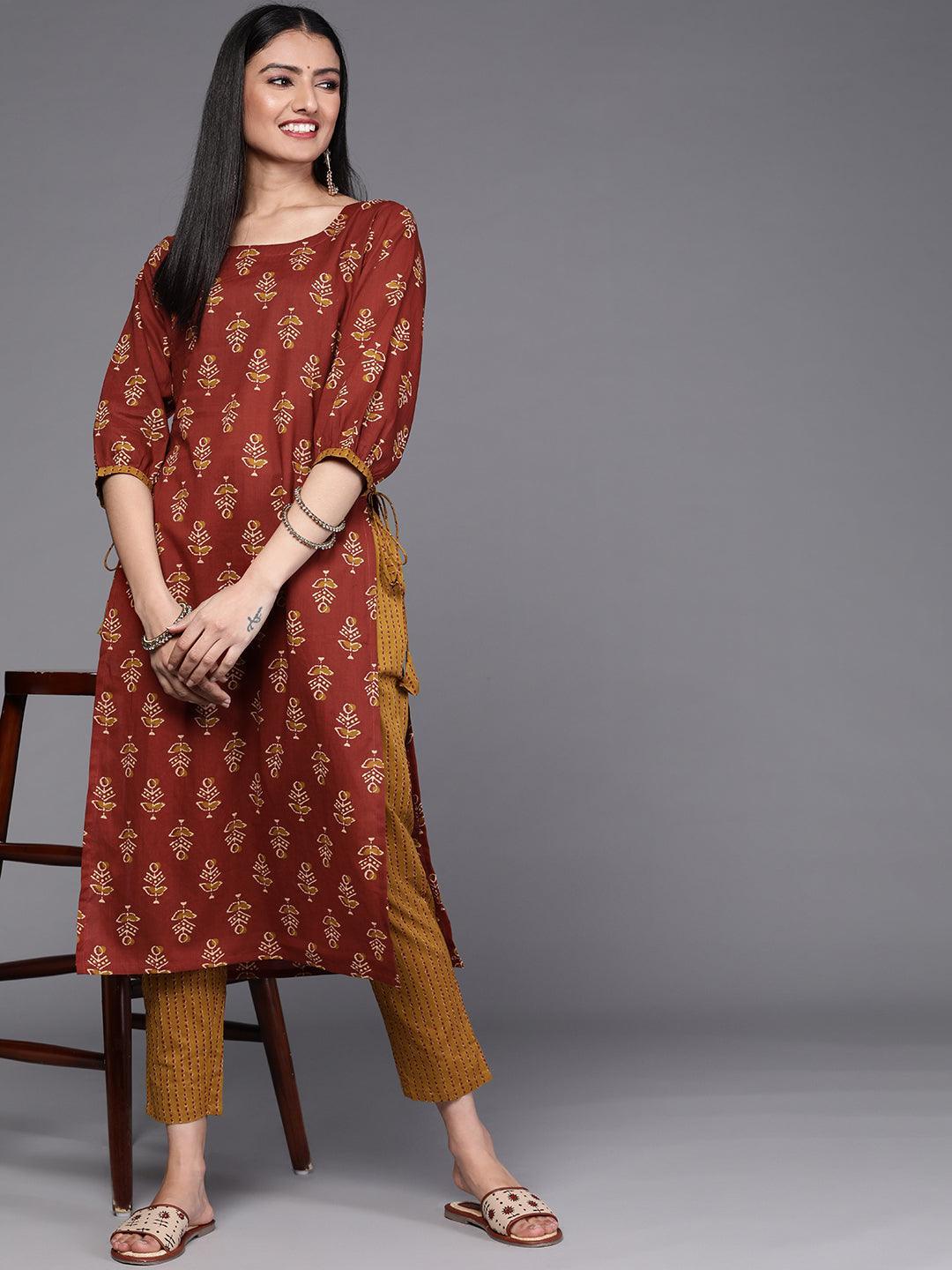 Rust Printed Cotton Kurta Set