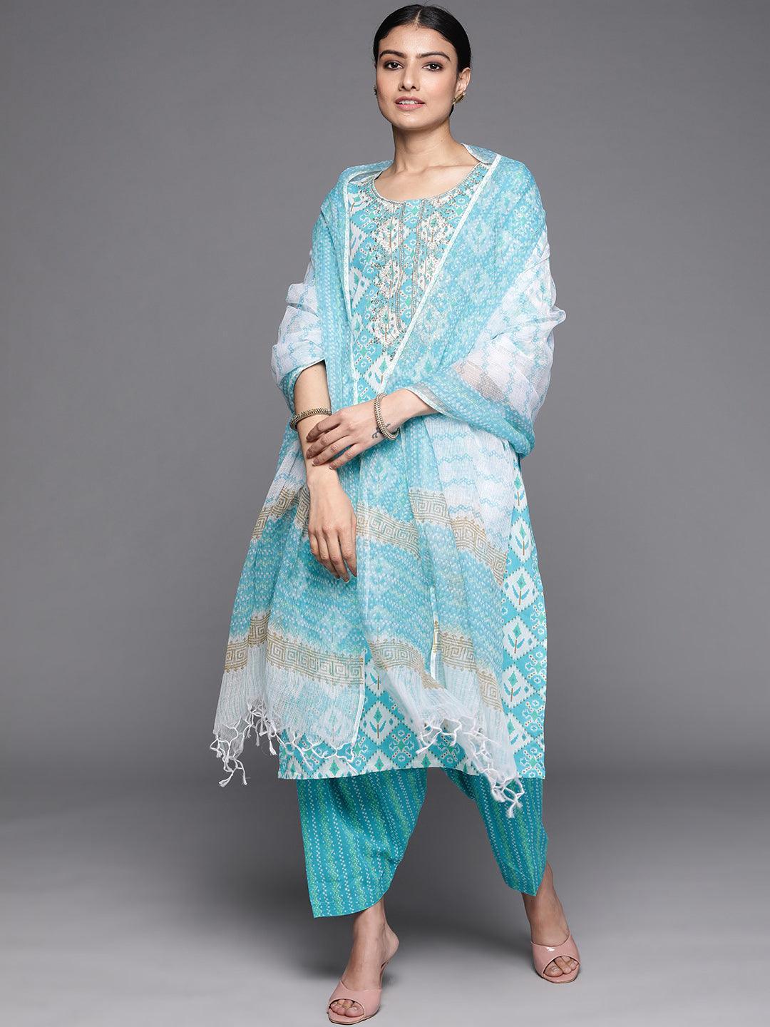 Blue Printed Cotton Suit Set