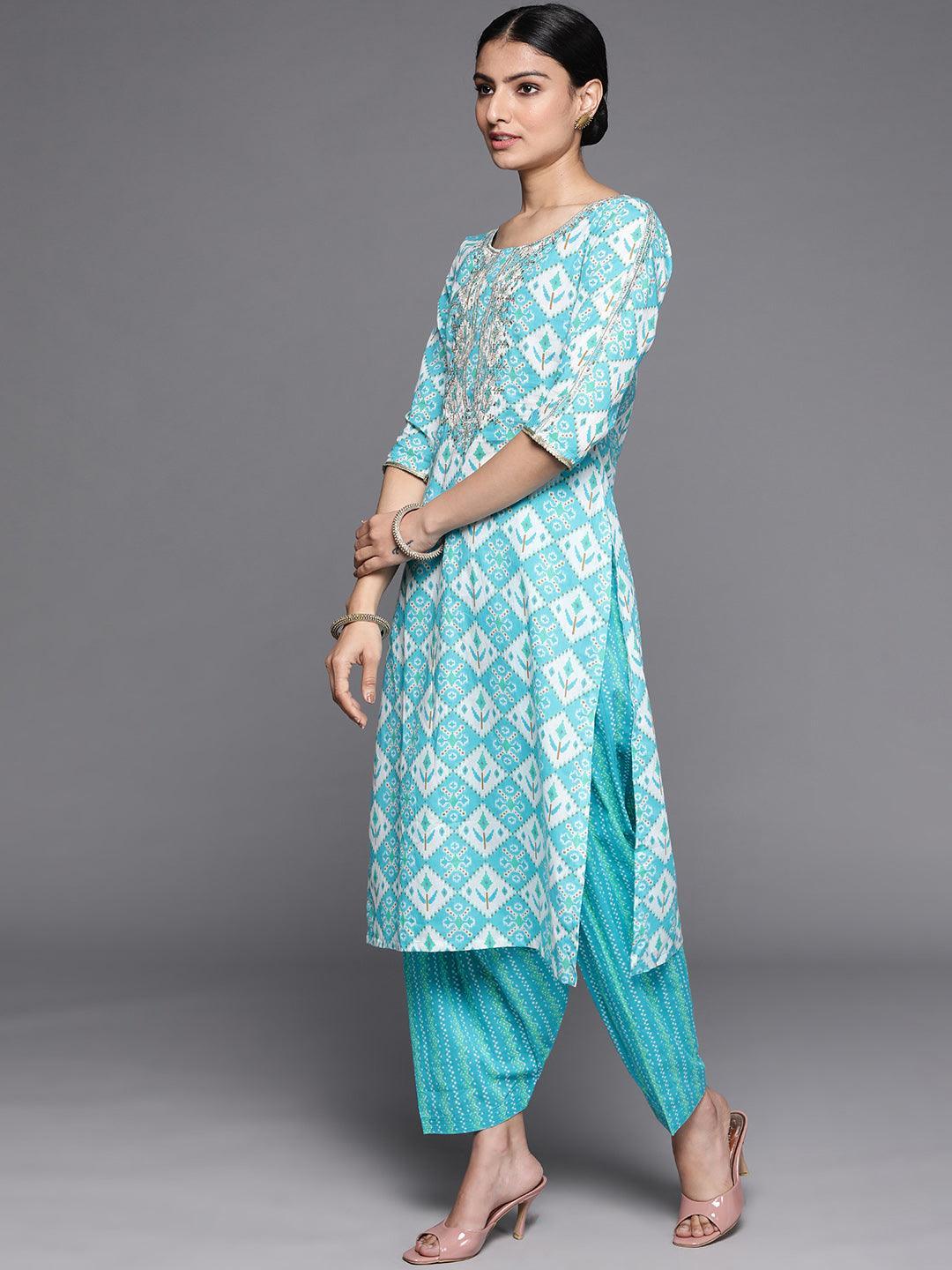 Blue Printed Cotton Suit Set