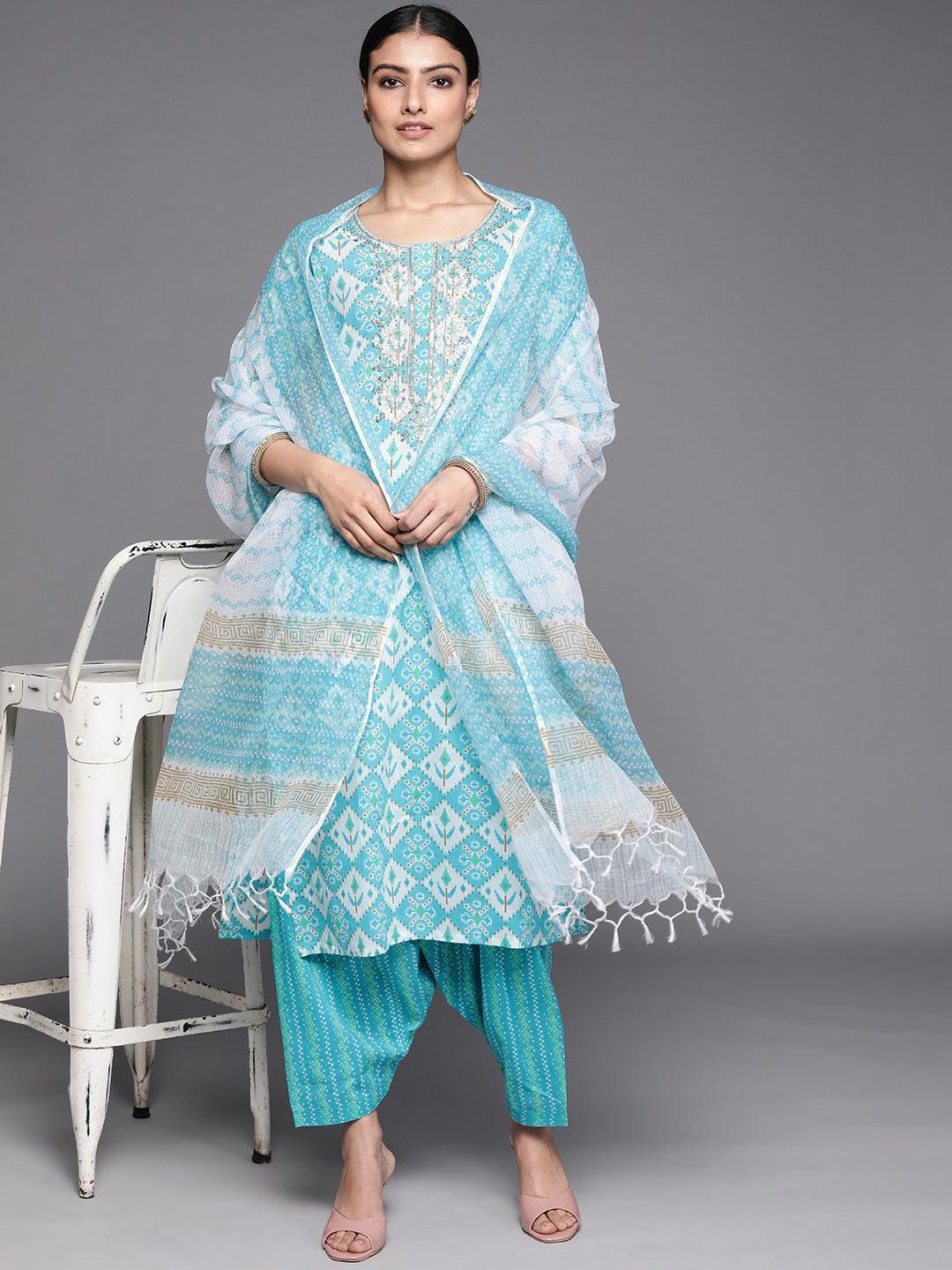 Blue Printed Cotton Suit Set