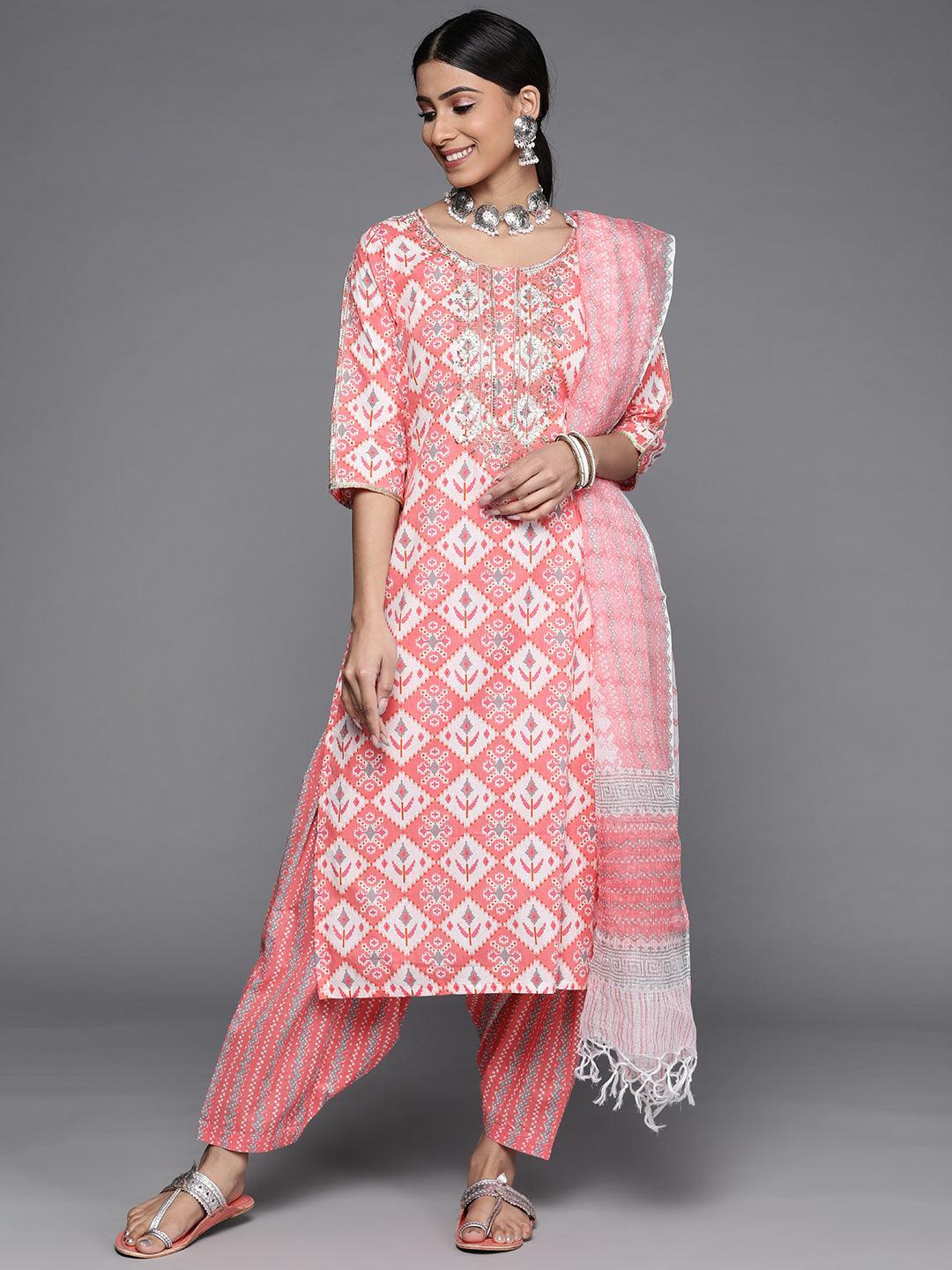 Pink Printed Cotton Suit Set