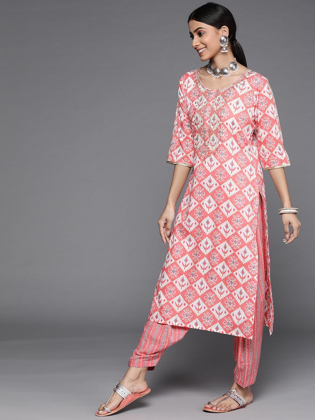 Pink Printed Cotton Suit Set