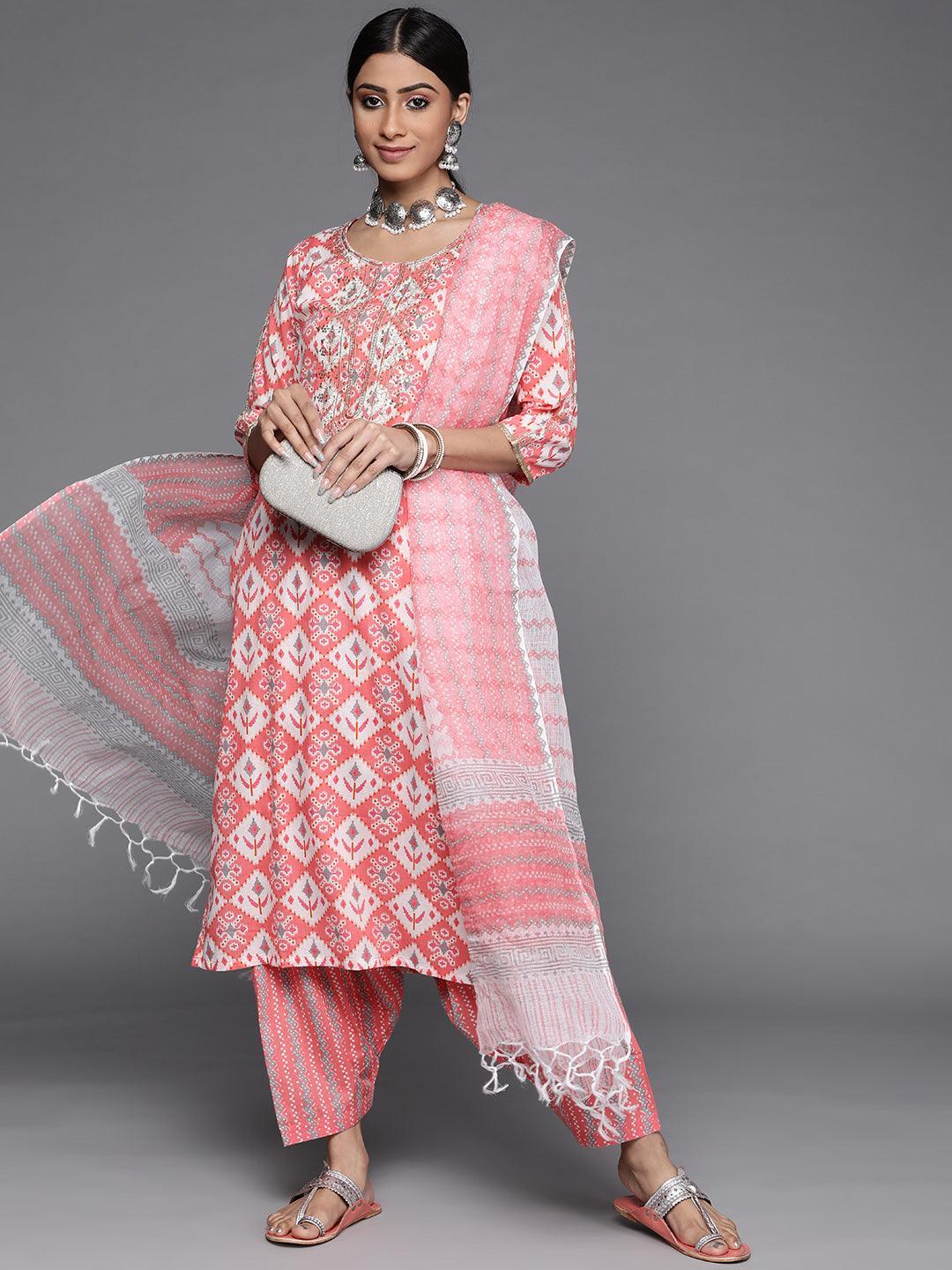 Pink Printed Cotton Suit Set