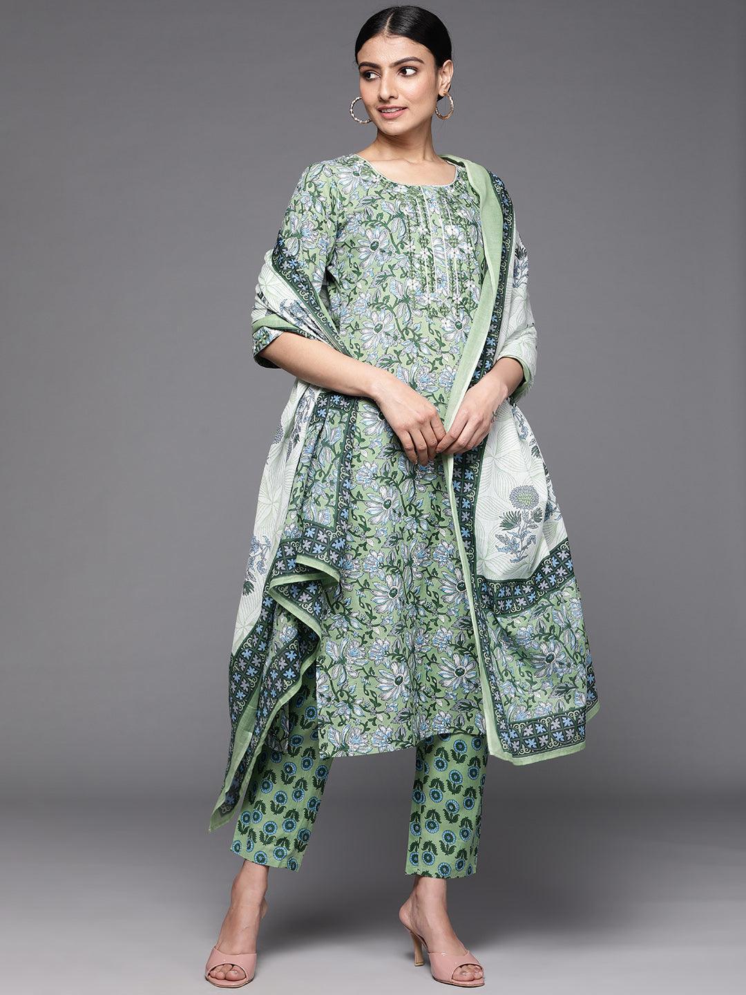 Green Printed Cotton Suit Set