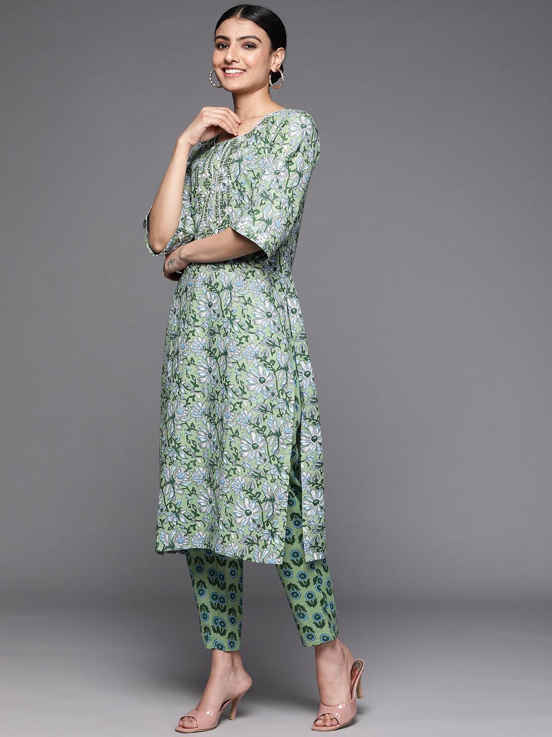 Green Printed Cotton Suit Set