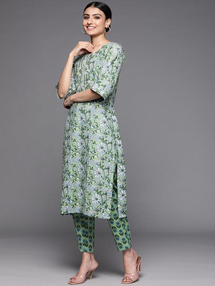 Green Printed Cotton Suit Set - ShopLibas