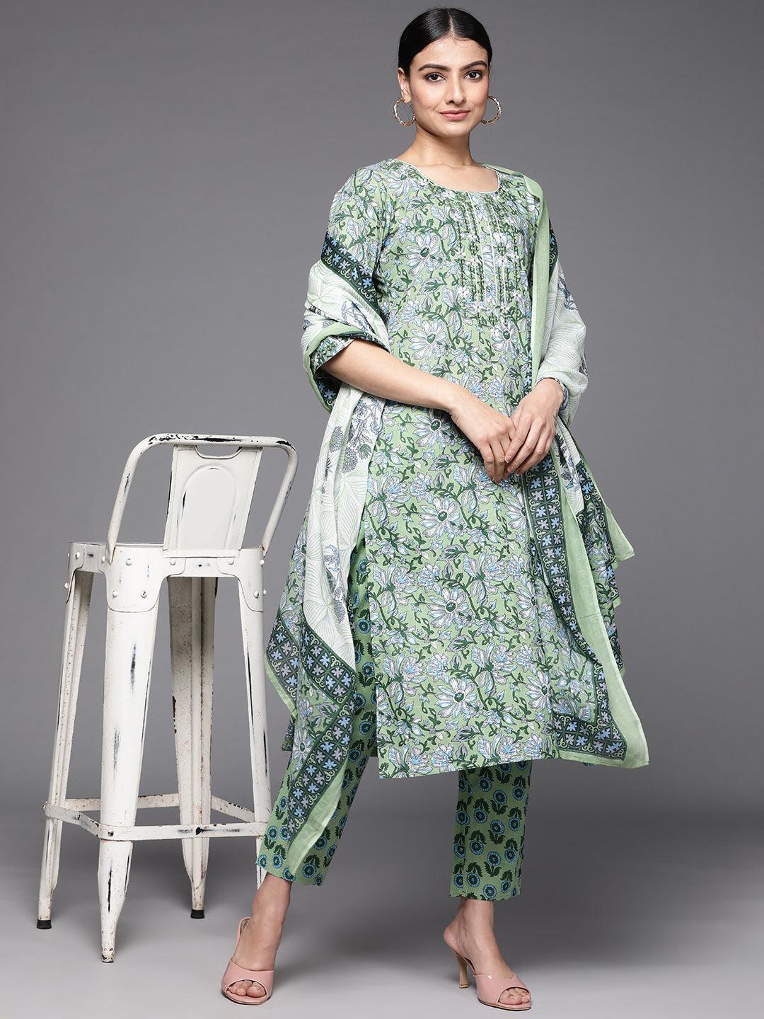 Green Printed Cotton Suit Set