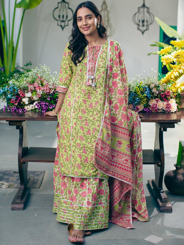 Green Printed Cotton Suit Set - ShopLibas