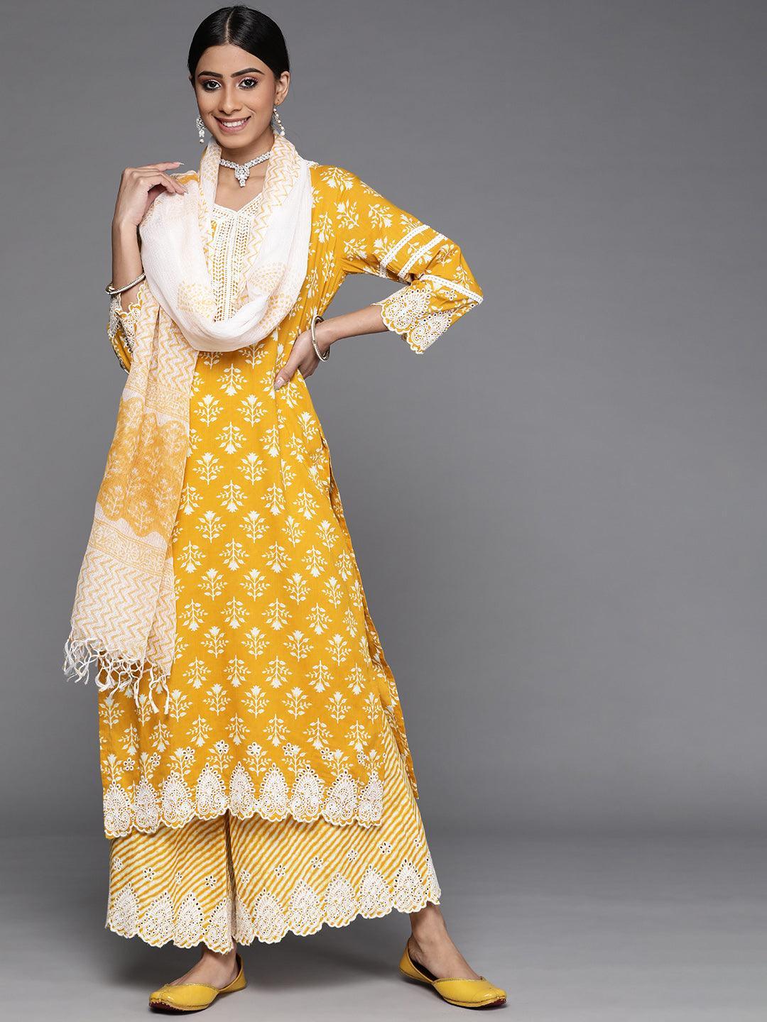 Yellow Printed Cotton Suit Set