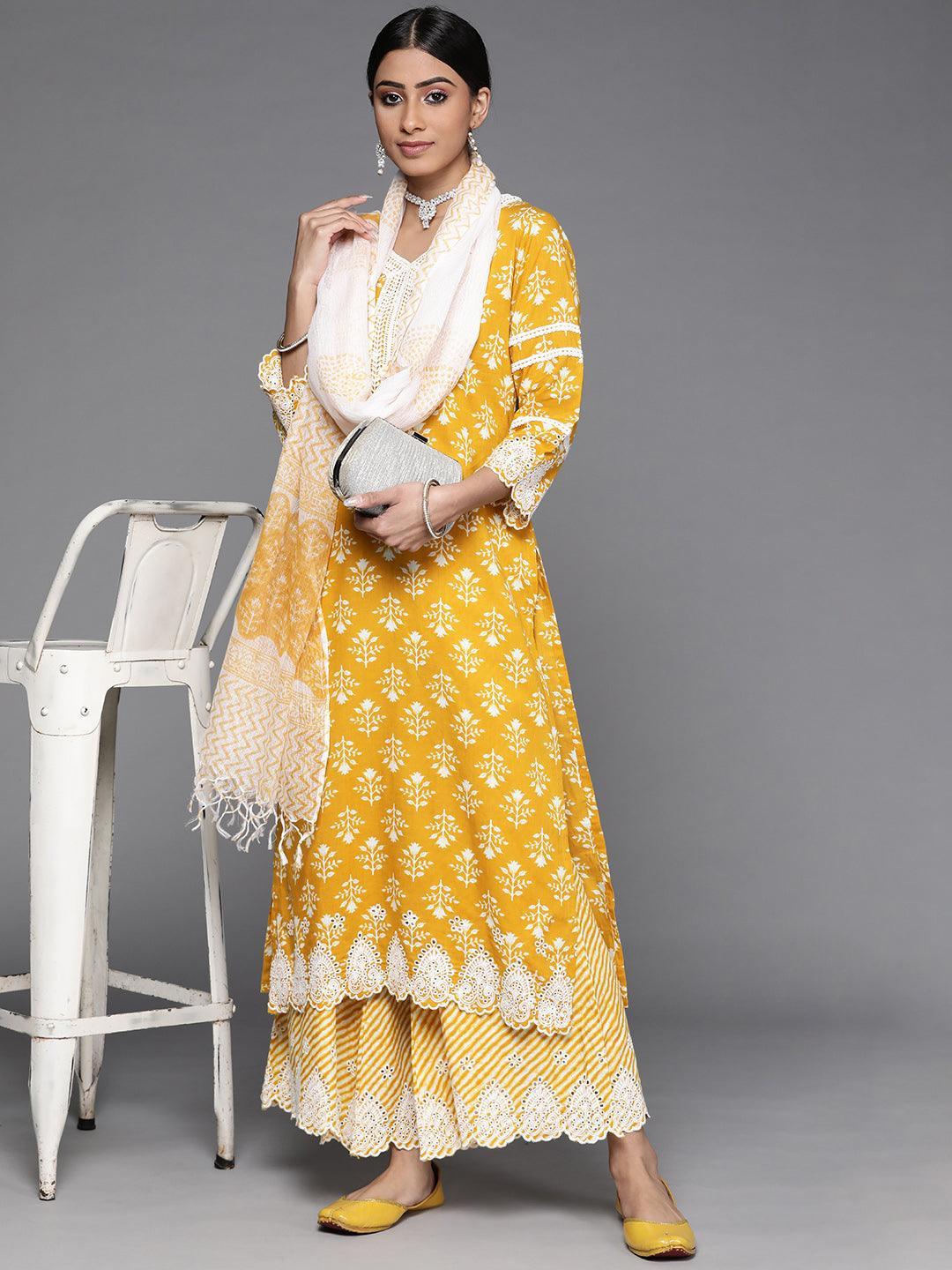 Yellow Printed Cotton Suit Set