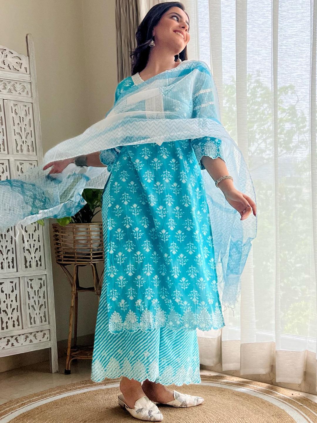 Blue Printed Cotton Suit Set - ShopLibas