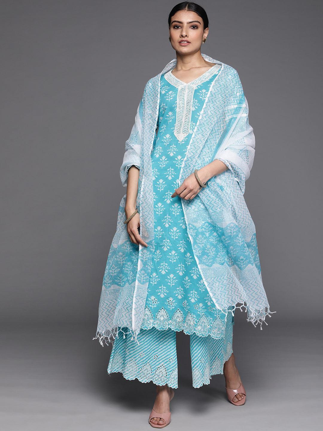 Blue Printed Cotton Suit Set