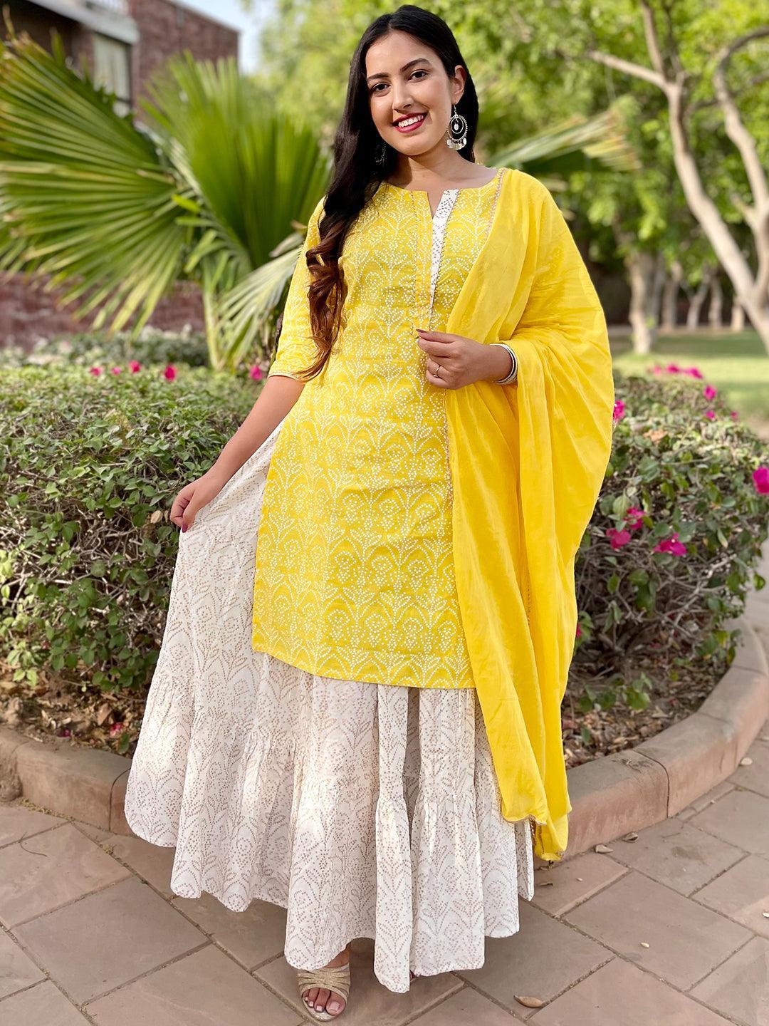 Yellow Printed Cotton Suit Set