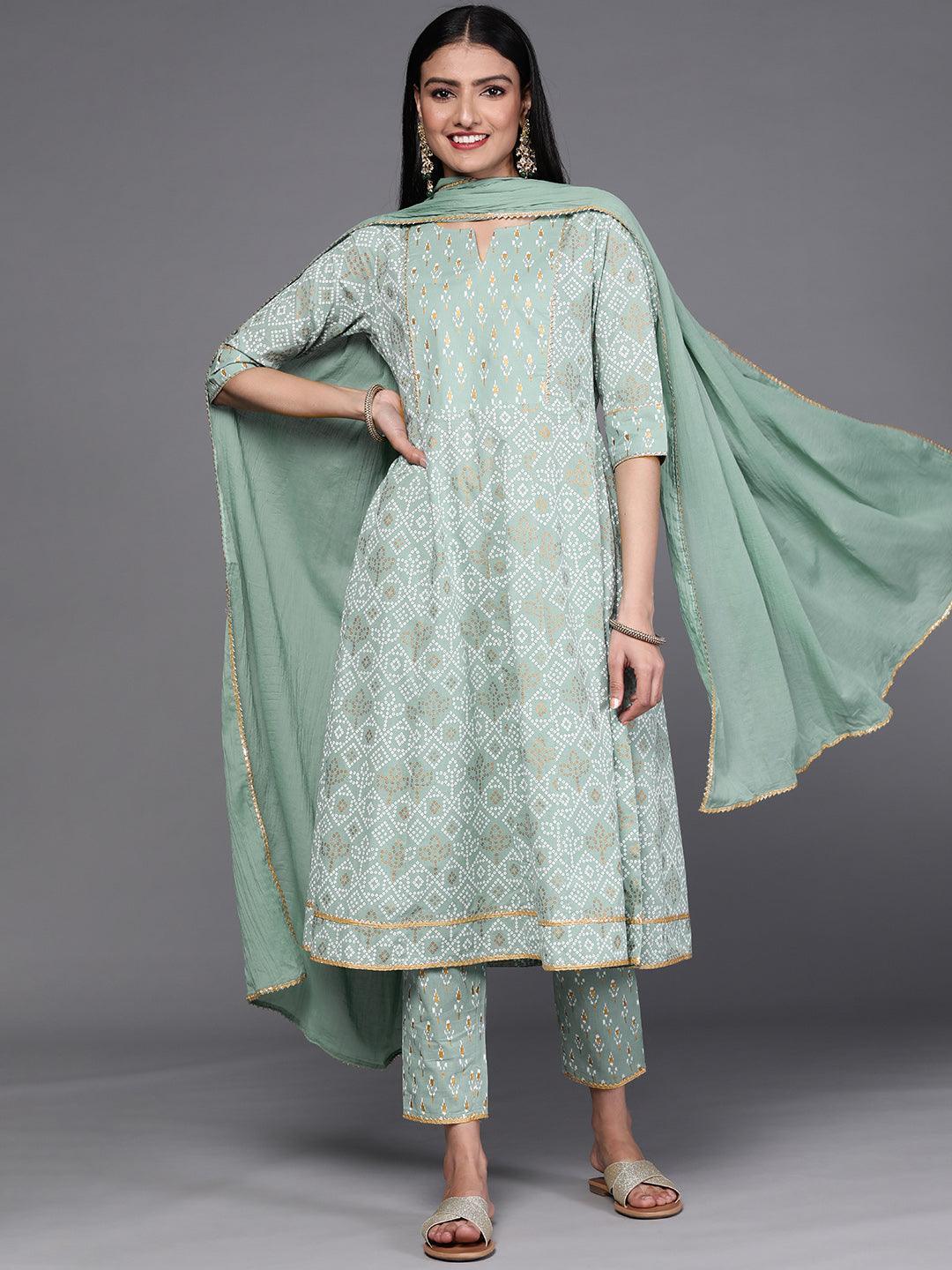 Green Printed Cotton Suit Set - ShopLibas