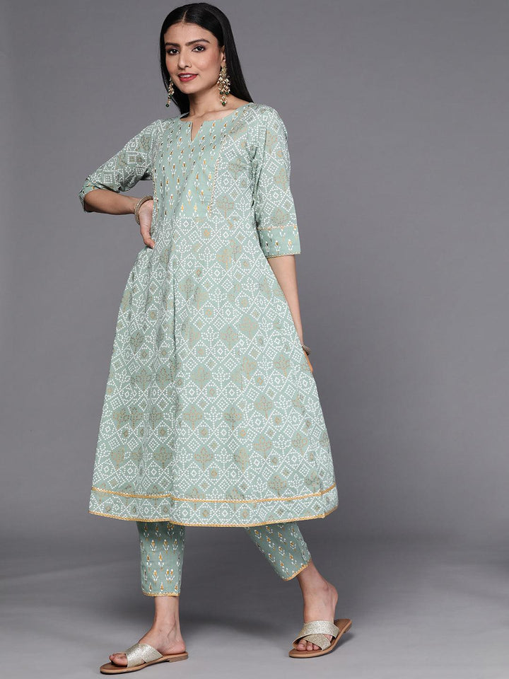 Green Printed Cotton Suit Set - ShopLibas