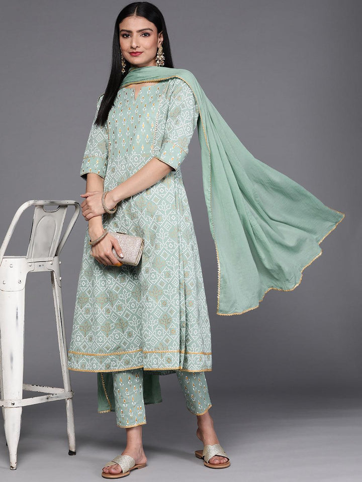 Green Printed Cotton Suit Set - ShopLibas