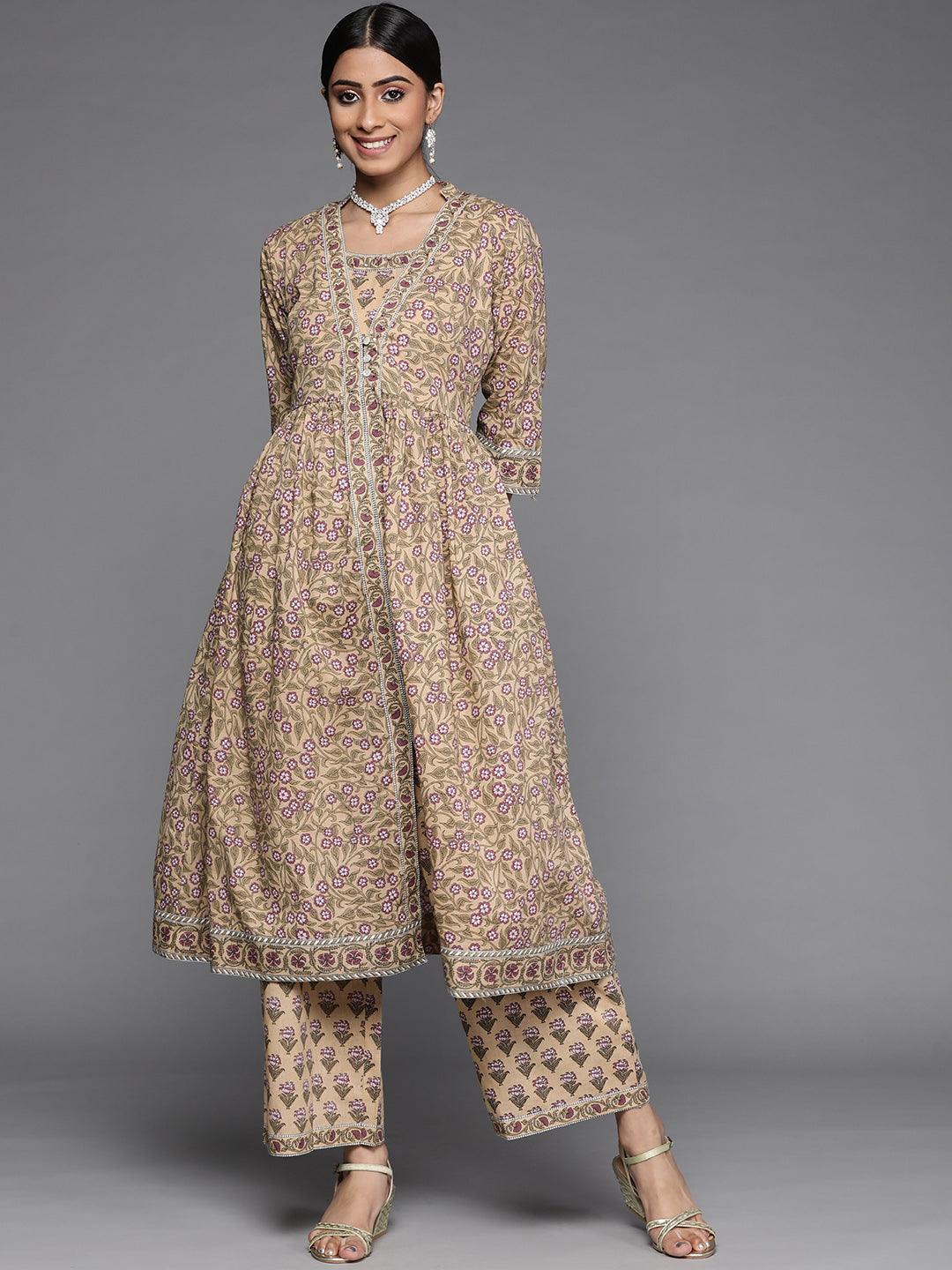 Beige Printed Cotton Kurta Set