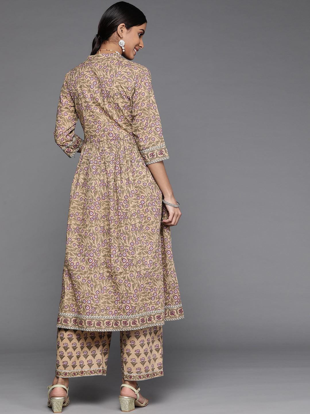 Beige Printed Cotton Kurta Set