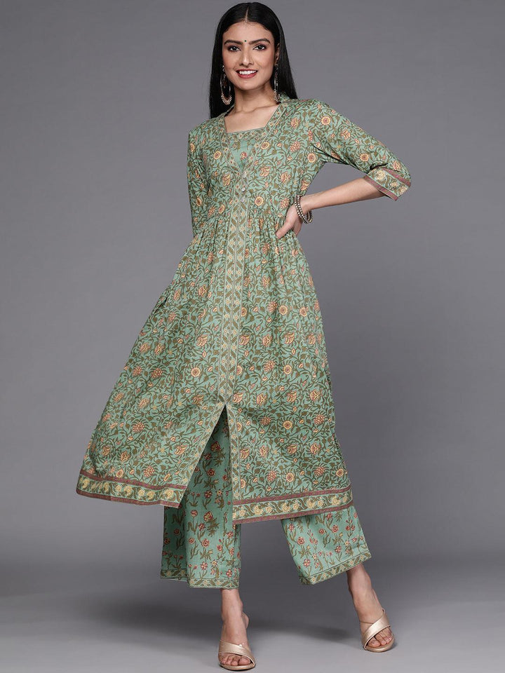 Green Printed Cotton Kurta Set - ShopLibas