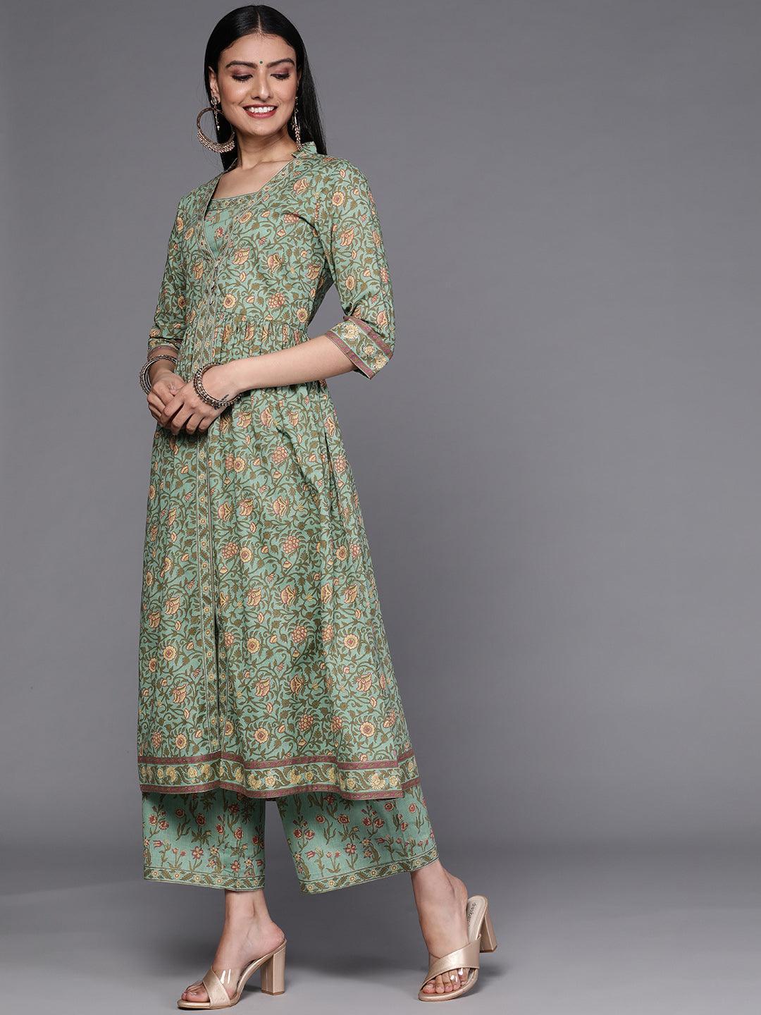 Green Printed Cotton Kurta Set