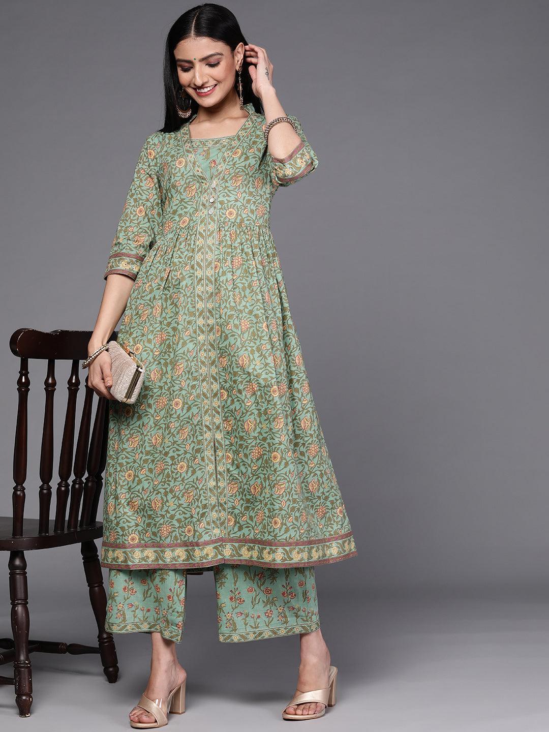 Green Printed Cotton Kurta Set