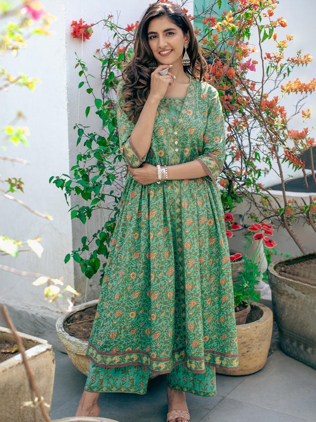 Green Printed Cotton Kurta Set - ShopLibas