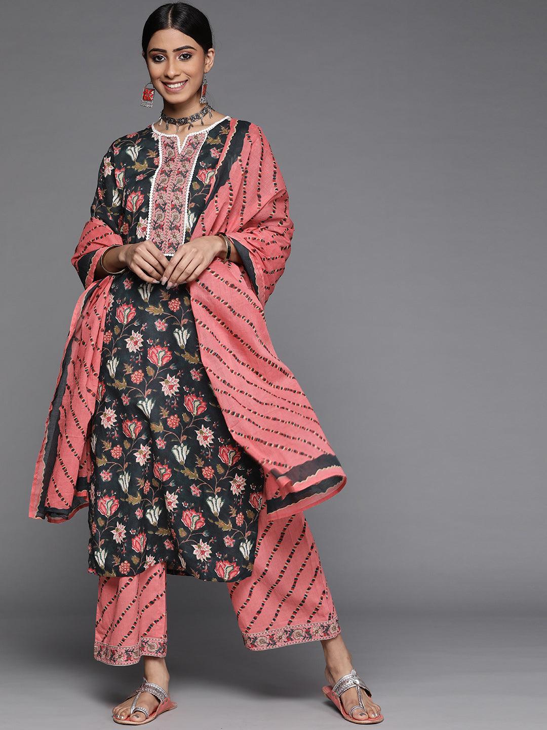 Black Printed Cotton Suit Set - ShopLibas