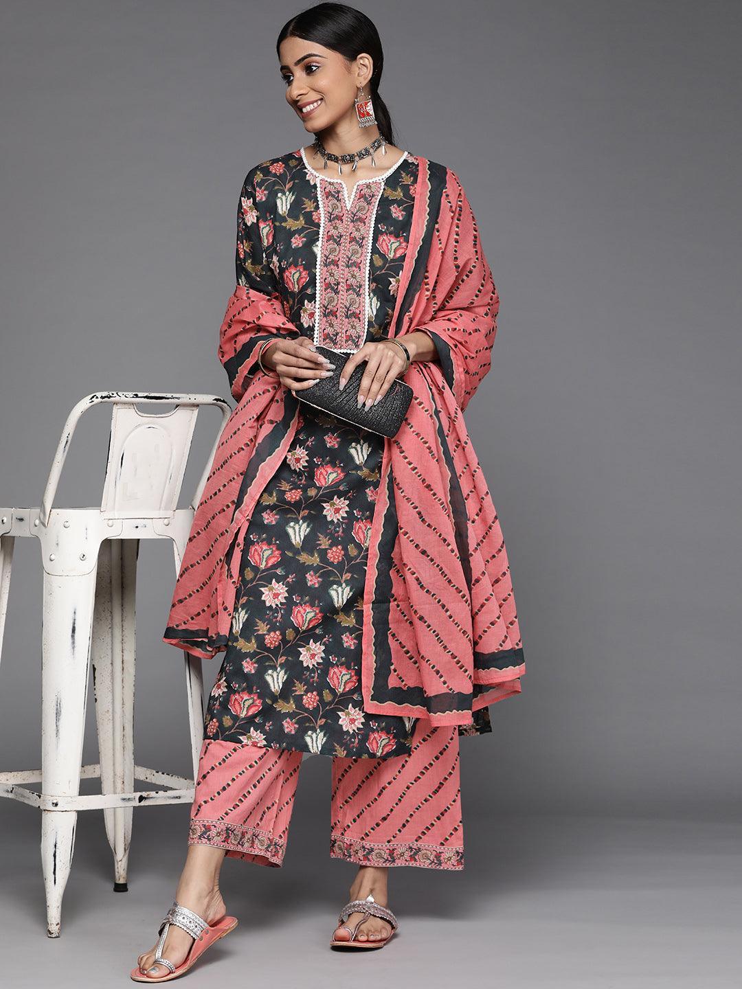 Black Printed Cotton Suit Set - ShopLibas