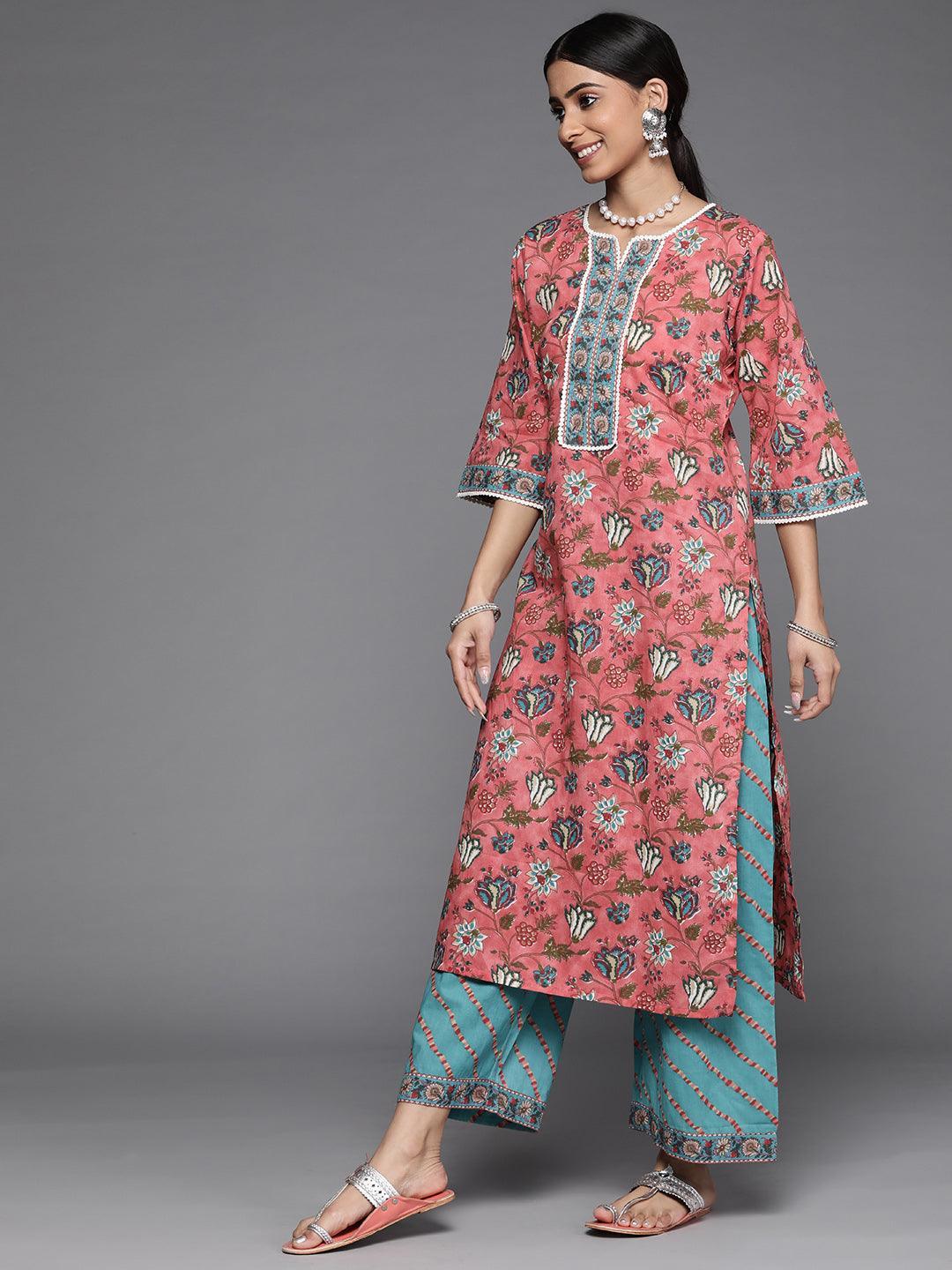 Coral Printed Cotton Suit Set