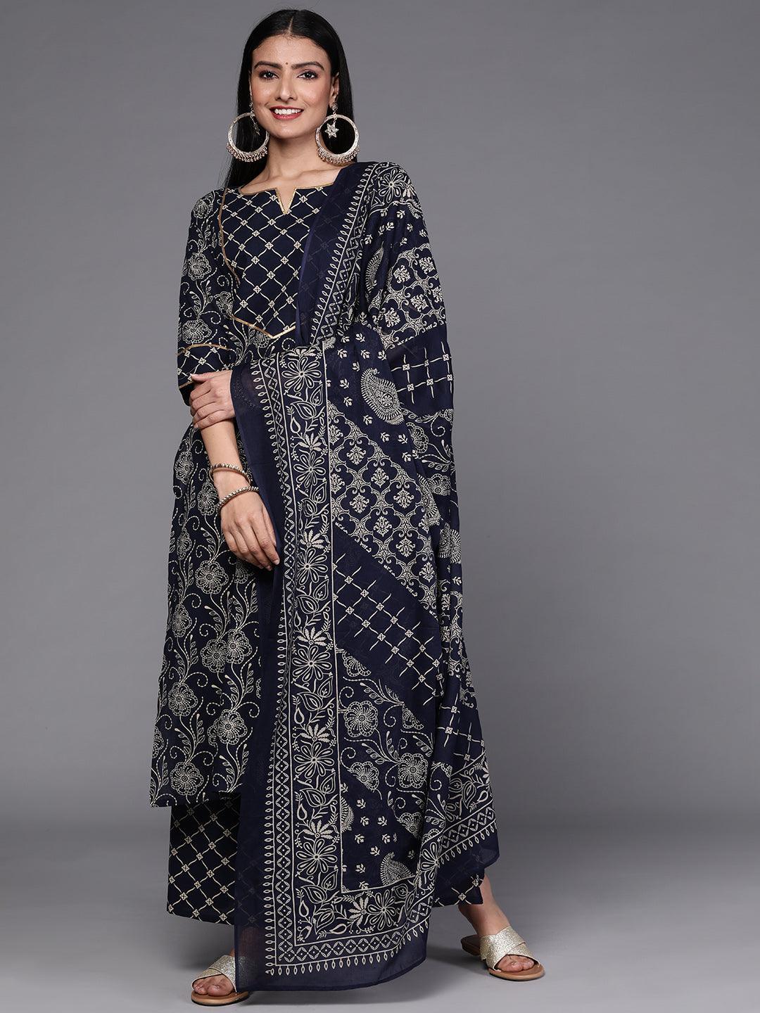 Navy Blue Printed Cotton Suit Set