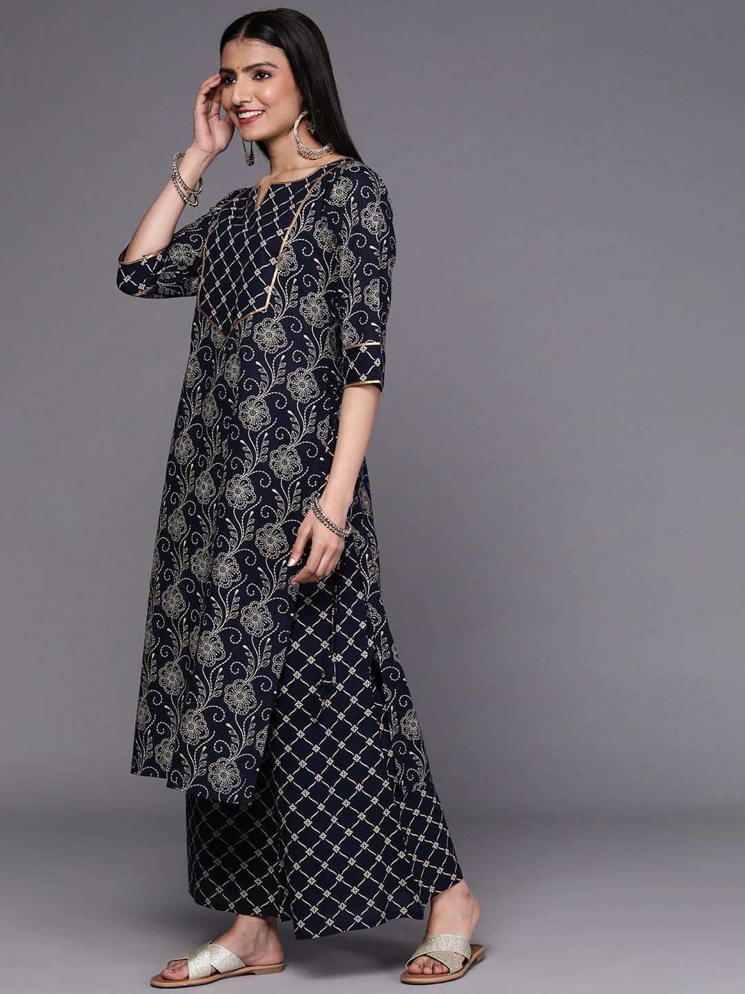 Navy Blue Printed Cotton Suit Set