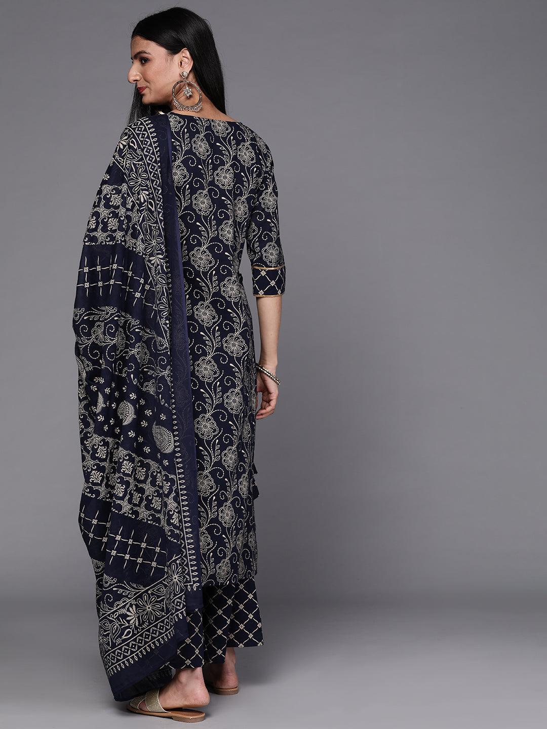 Navy Blue Printed Cotton Suit Set - ShopLibas