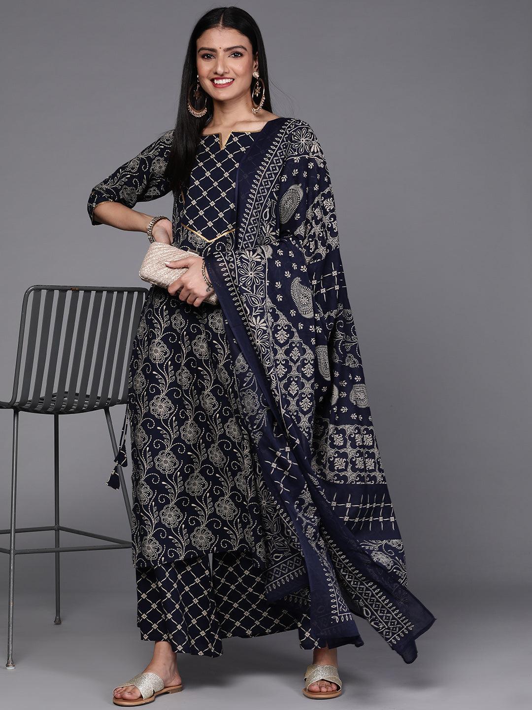 Navy Blue Printed Cotton Suit Set