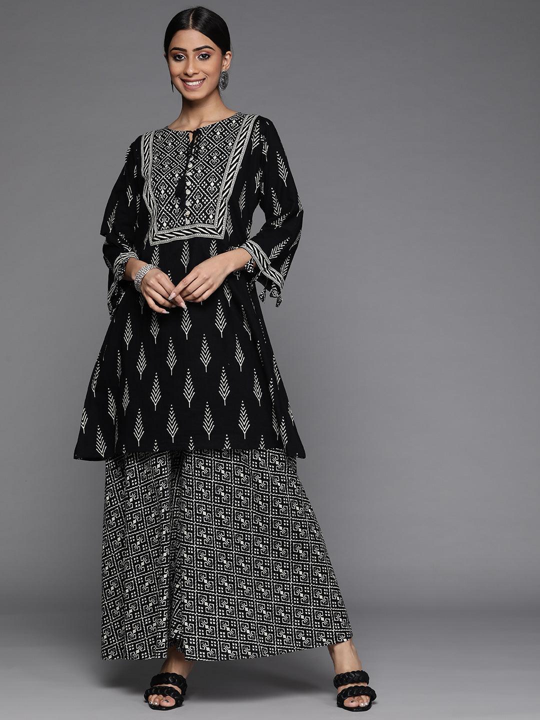 Black Printed Cotton Kurta Set