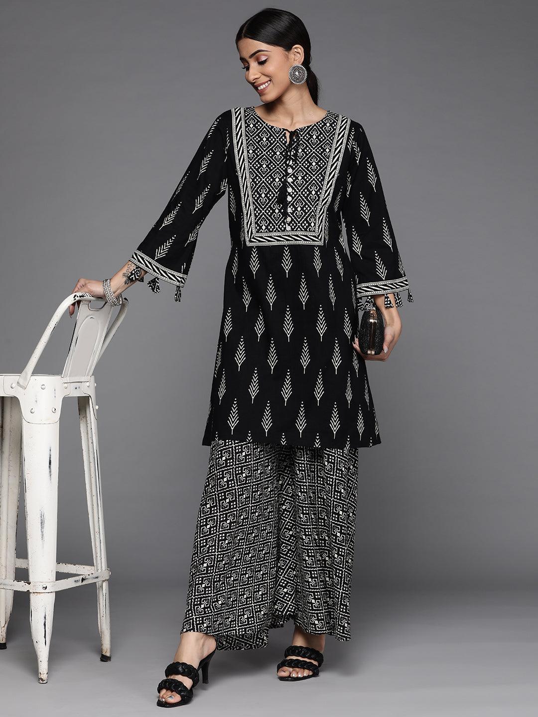 Black Printed Cotton Kurta Set