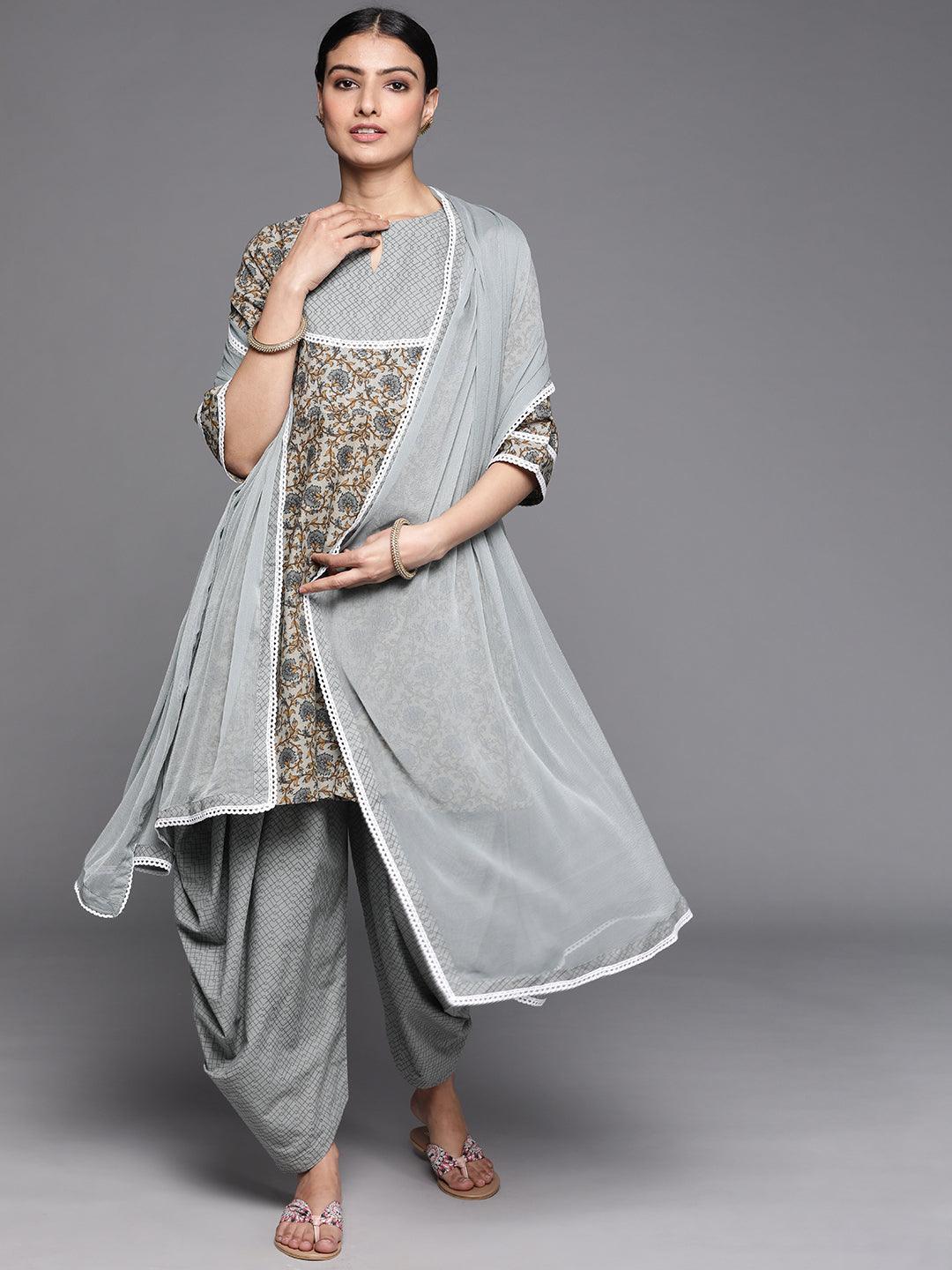 Grey Printed Cotton Suit Set