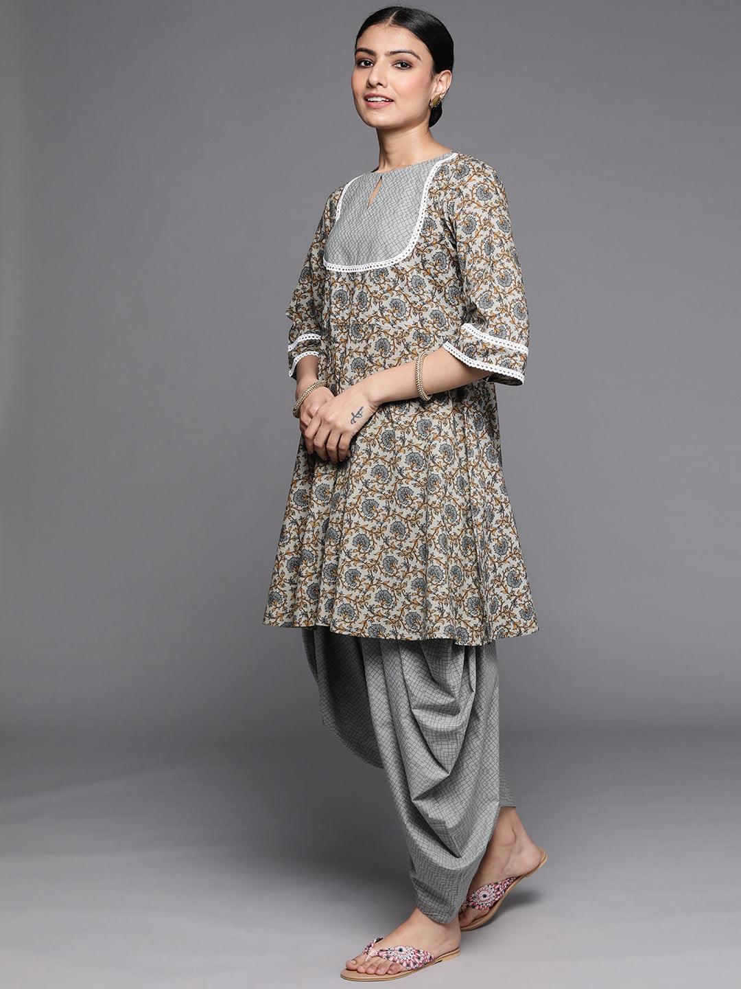 Grey Printed Cotton Suit Set