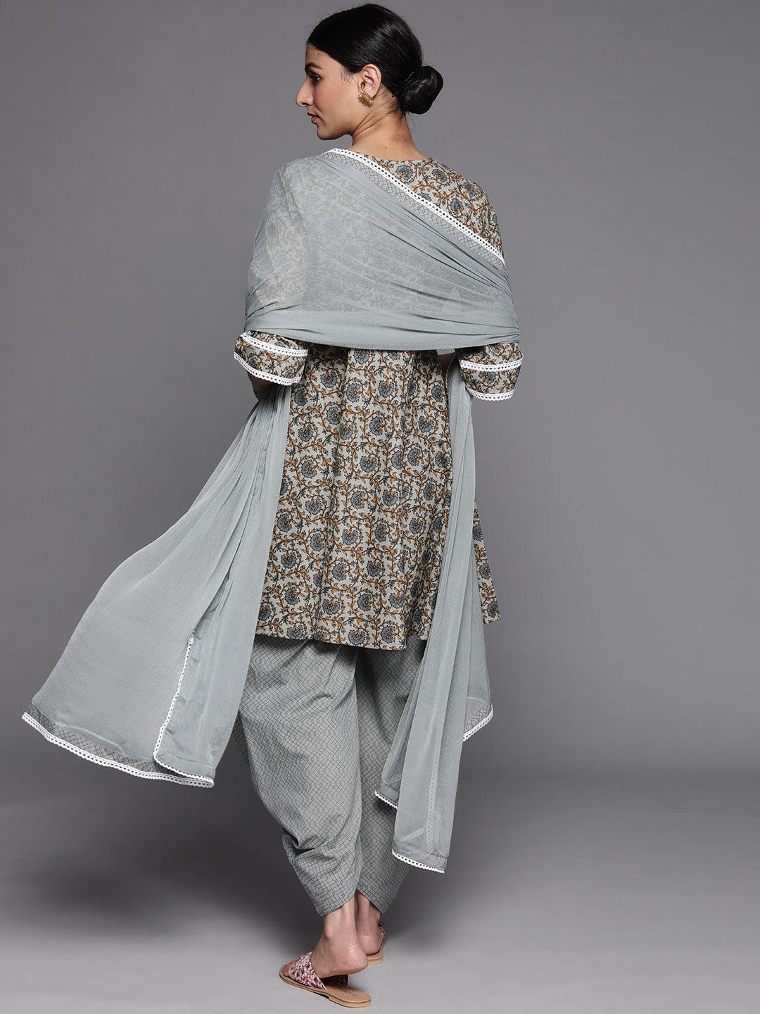 Grey Printed Cotton Suit Set