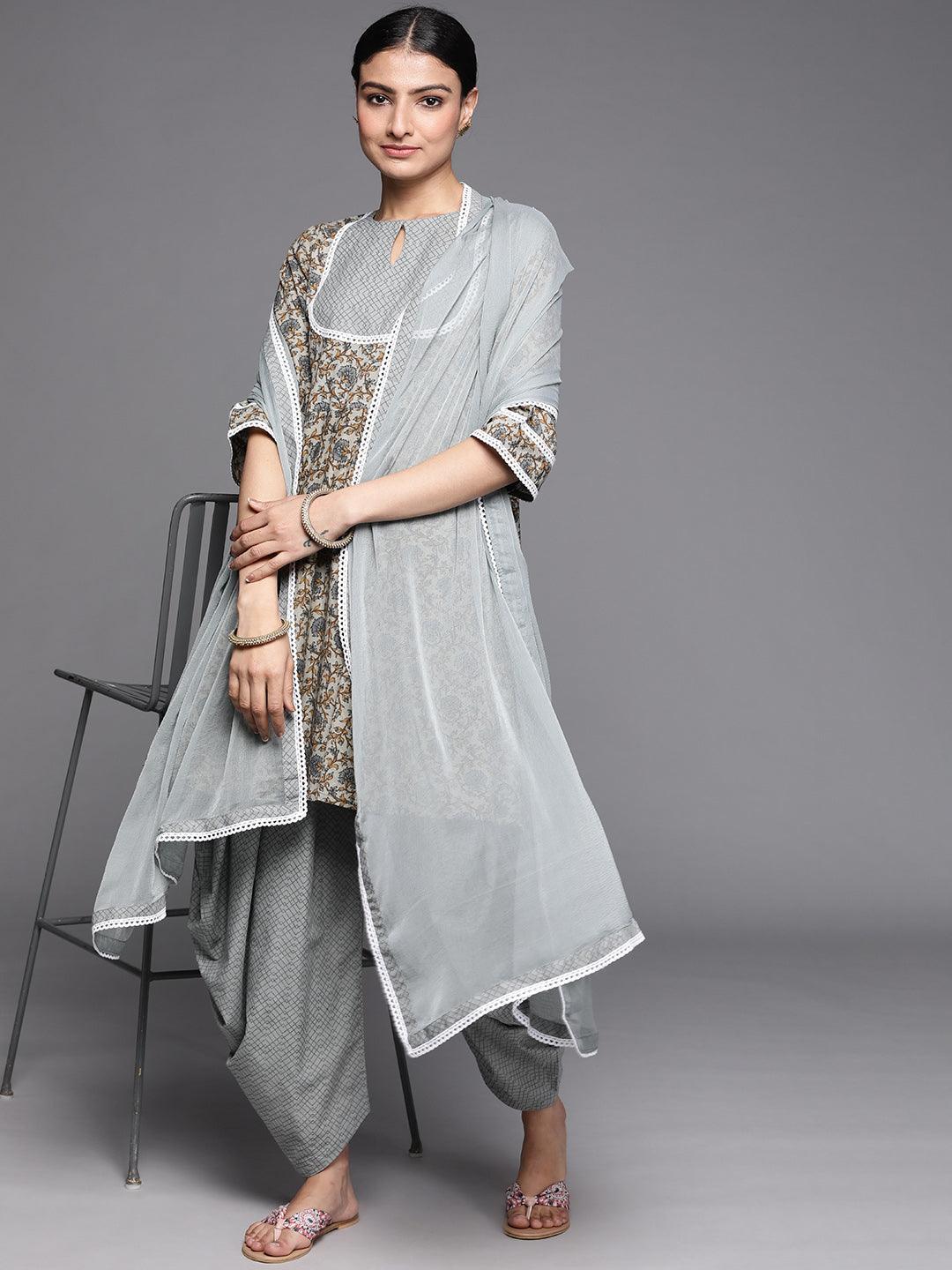 Grey Printed Cotton Suit Set