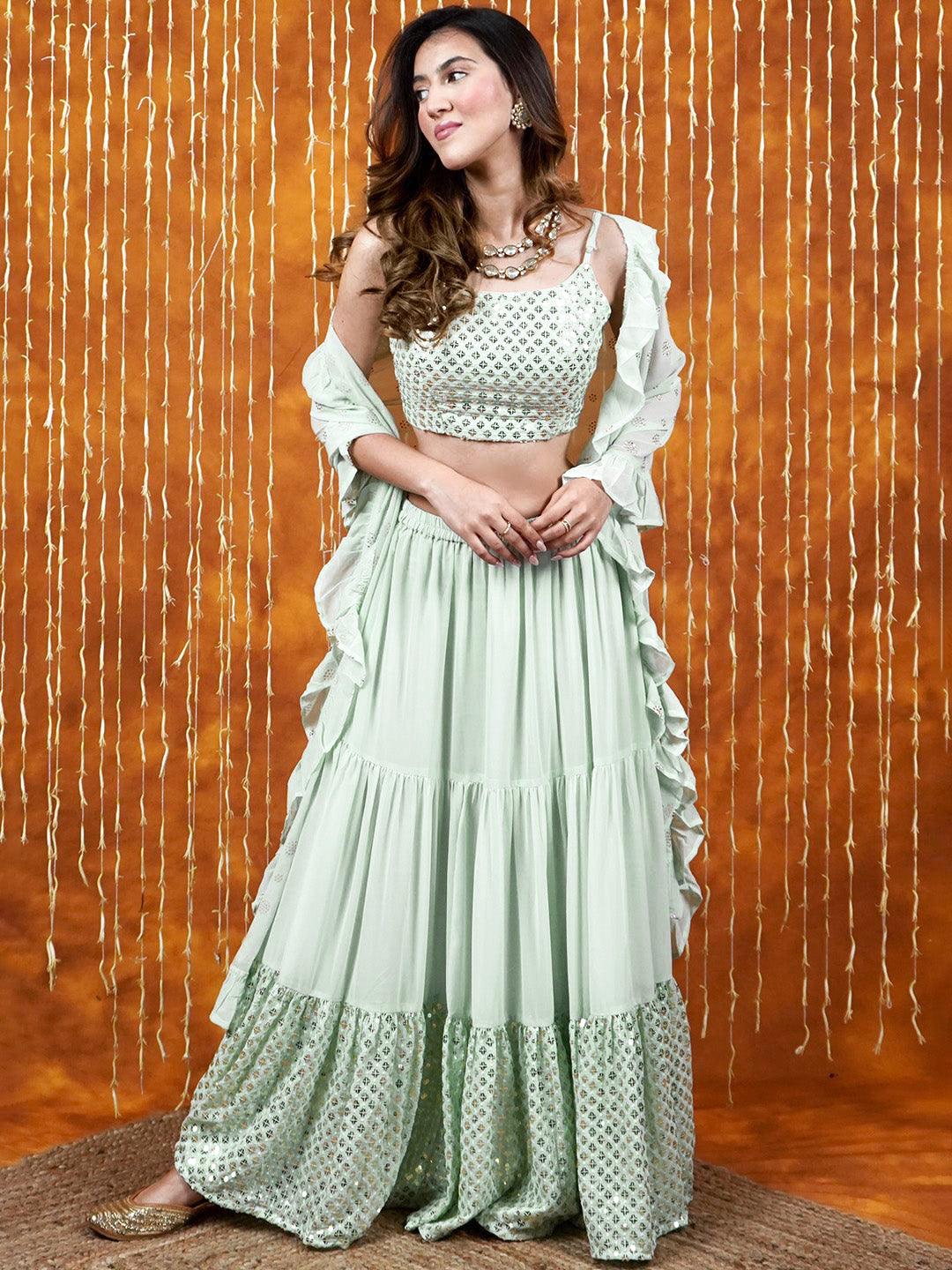 Sea Green Embellished Georgette Lehenga