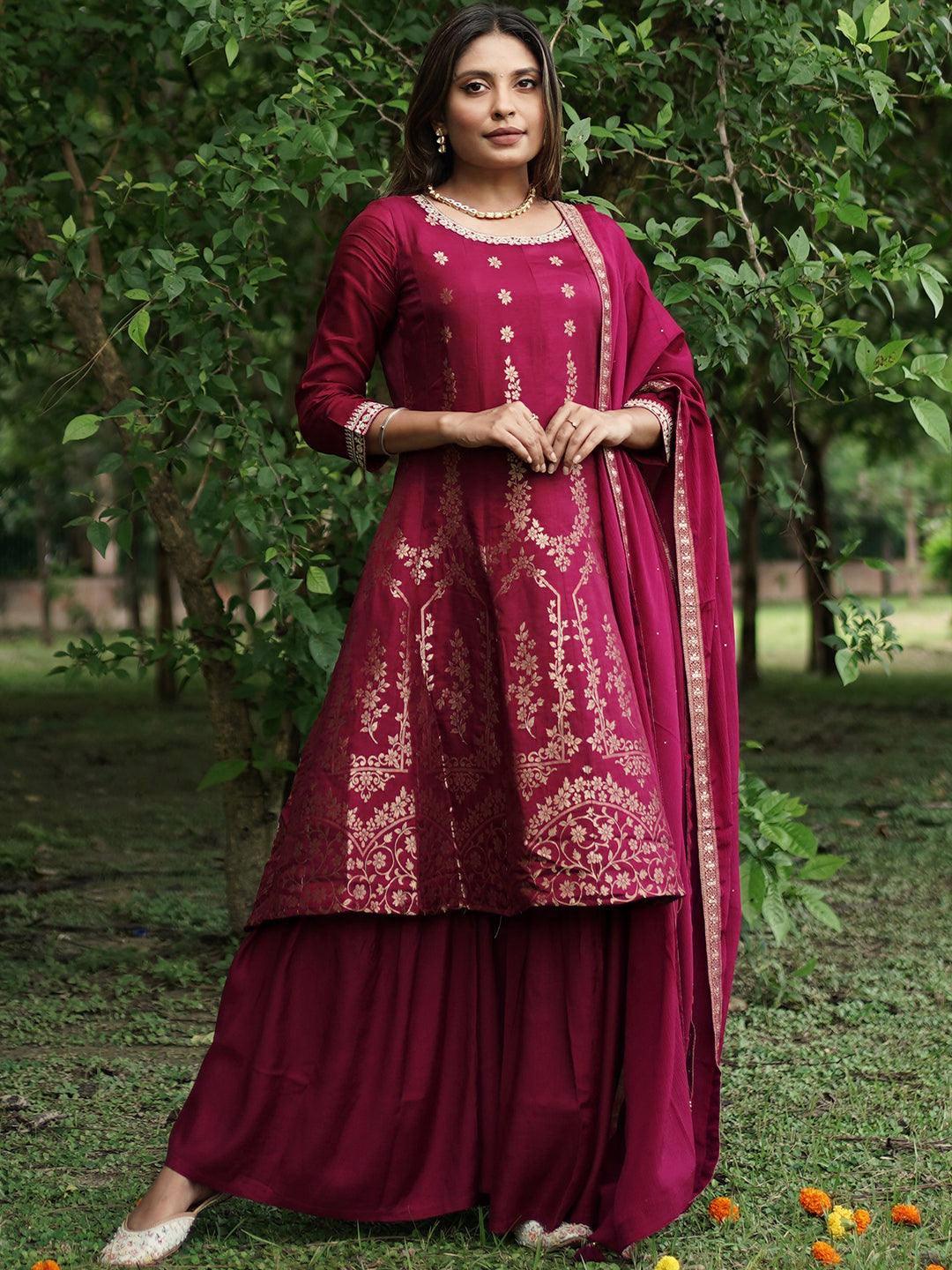 Maroon Brocade Silk Blend A-Line Suit Set