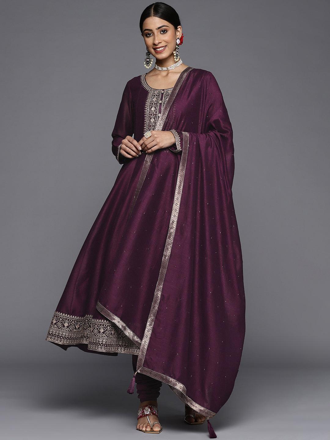 Purple Yoke Design Silk Blend Straight Suit Set - ShopLibas