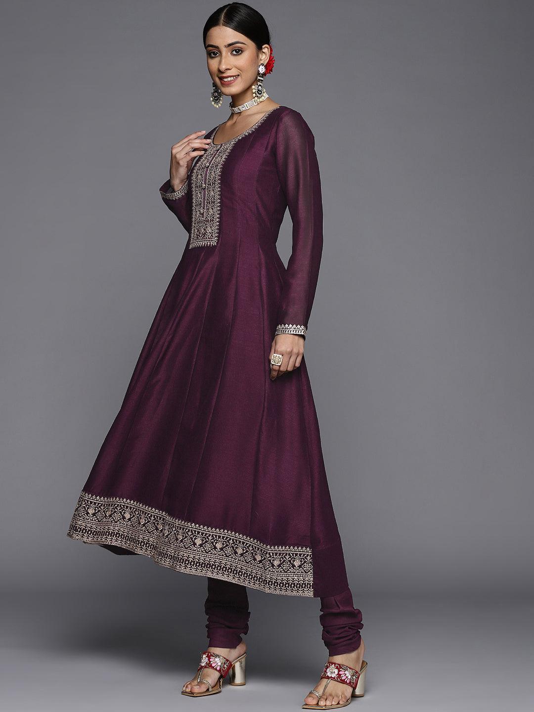 Purple Yoke Design Silk Blend Straight Suit Set - ShopLibas