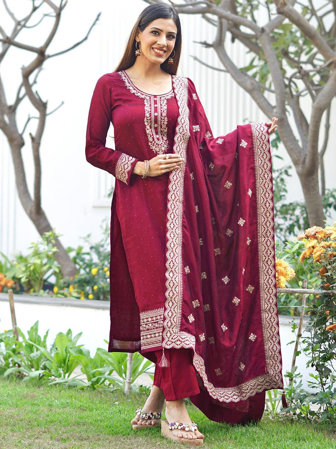 Fuchsia Embroidered Silk Blend Straight Suit Set - ShopLibas