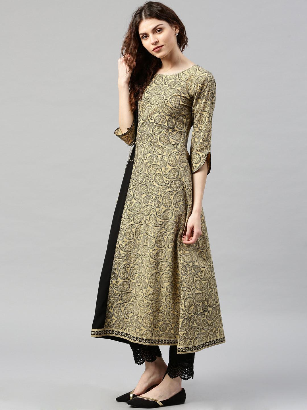 Beige Printed Cotton Kurta