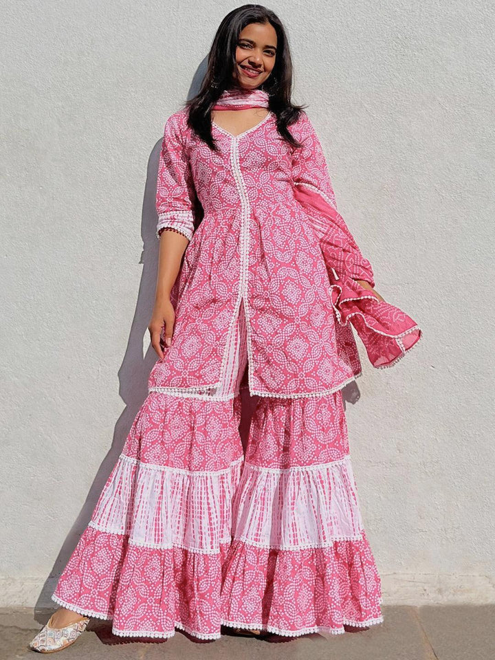 Pink Printed Cotton Anarkali Sharara Suit Set - ShopLibas