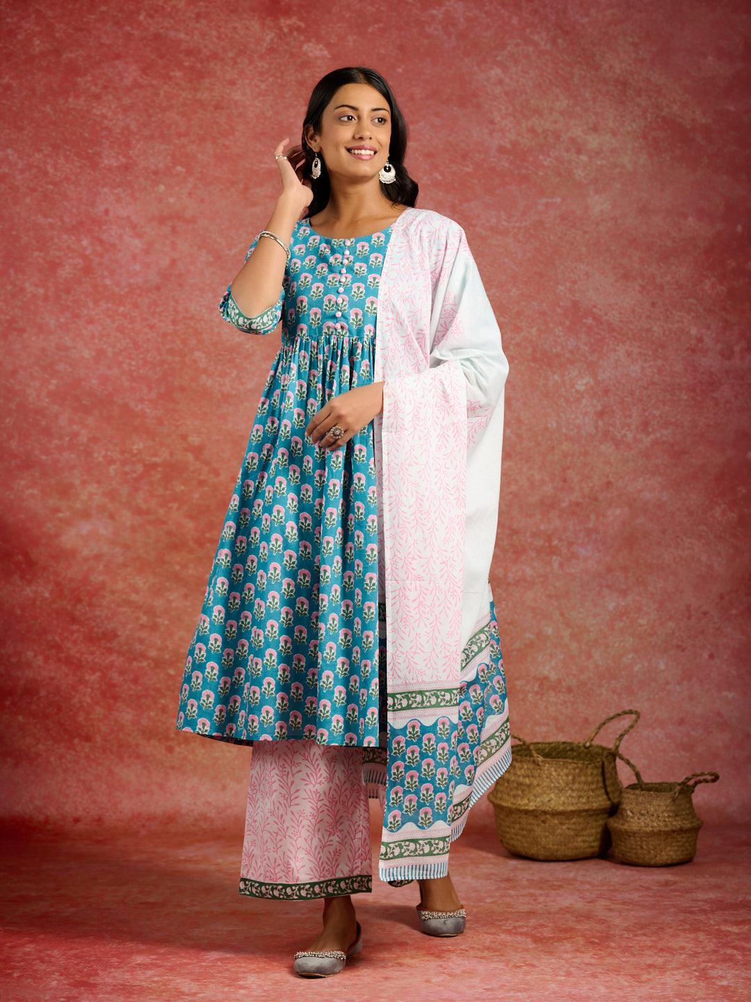 Blue Printed Cotton A-Line Kurta With Palazzos & Dupatta - ShopLibas