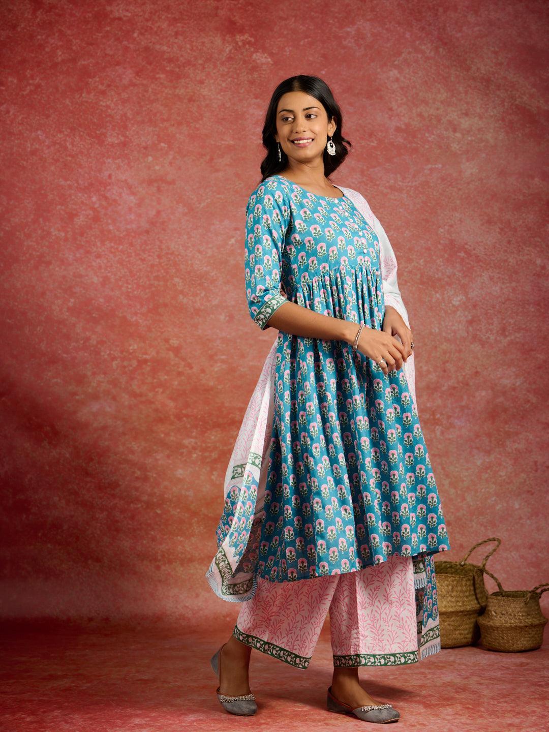 Blue Printed Cotton A-Line Kurta With Palazzos & Dupatta - ShopLibas