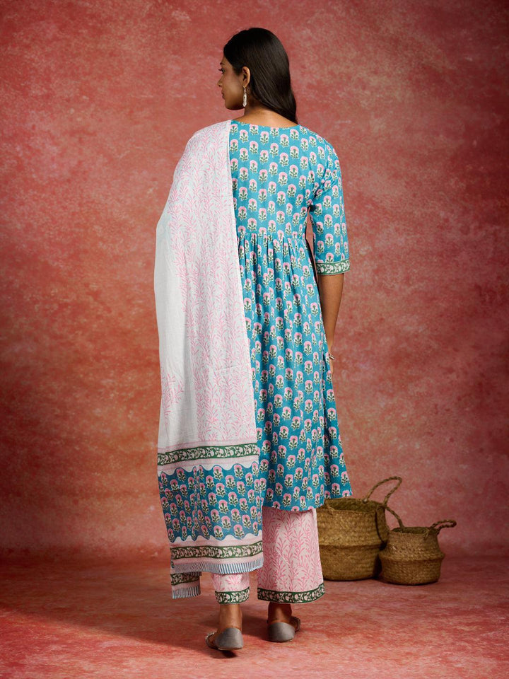 Blue Printed Cotton A-Line Kurta With Palazzos & Dupatta - ShopLibas