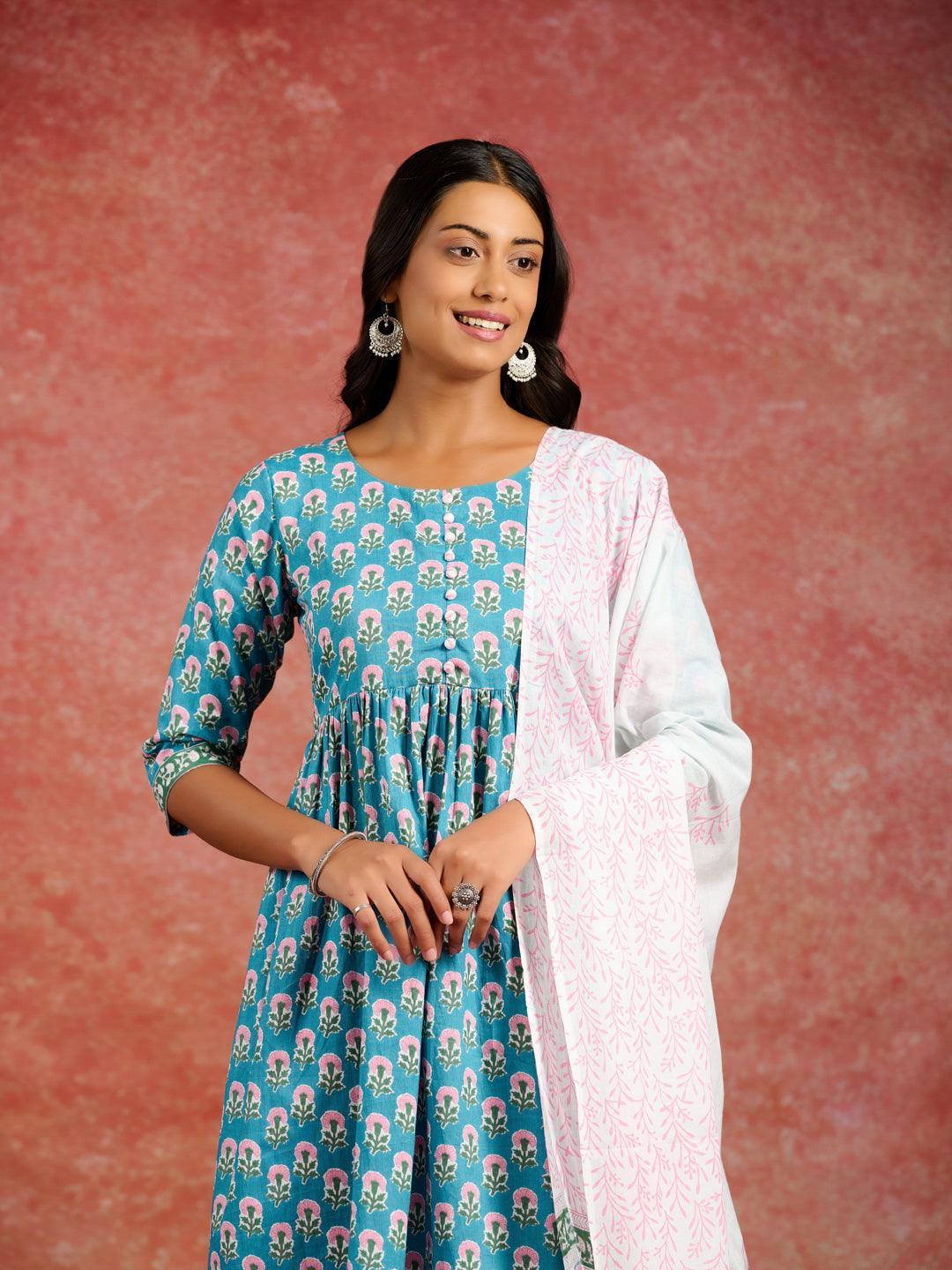 Blue Printed Cotton A-Line Kurta With Palazzos & Dupatta - ShopLibas